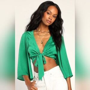 Lulus Flirt With Me Green Tie-Front Bell Sleeve Crop Top